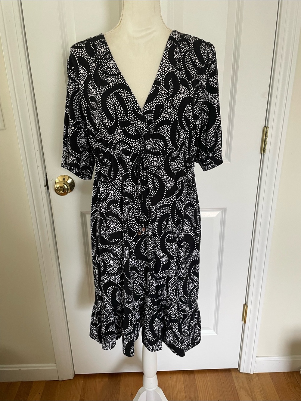 Michael Kors Black and White Printed V-Neck Midi Dress